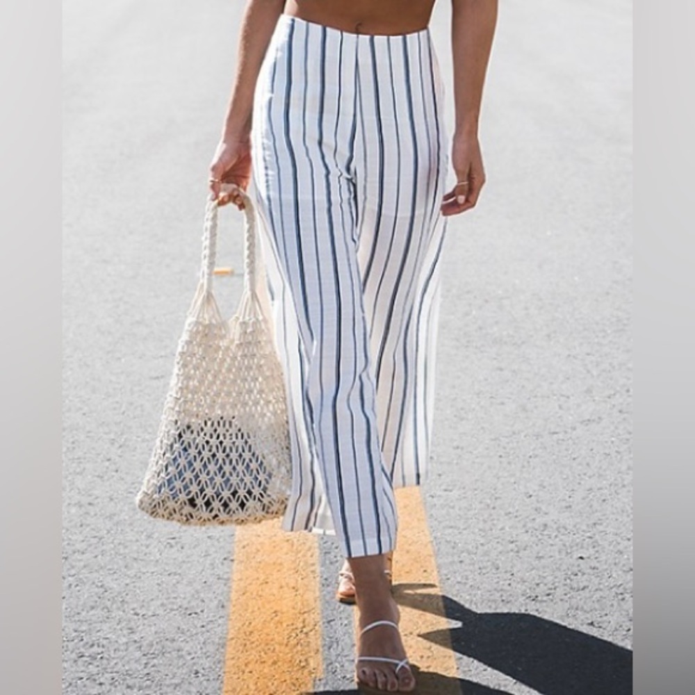 AQUA Helen Owen Striped Flowy High Rise Wide Leg Ankle Pant Blue White Size Med - Picture 4 of 7